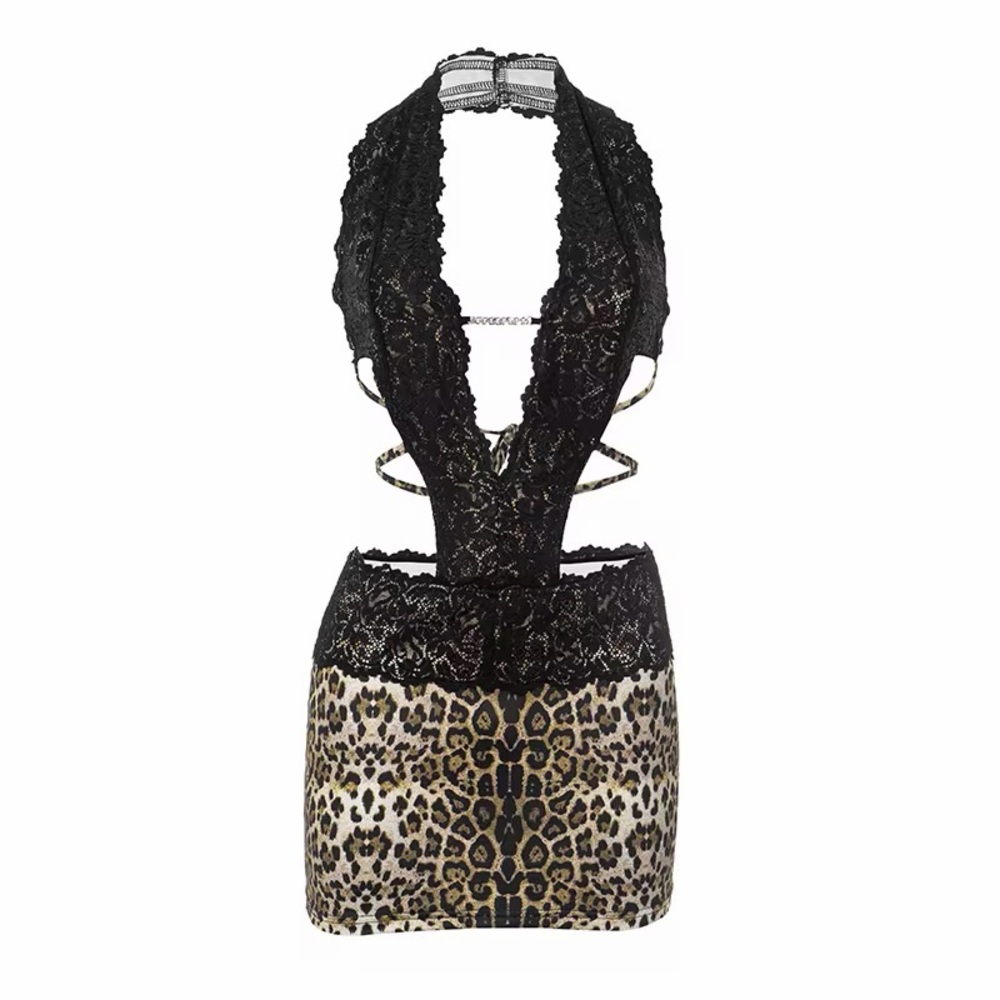 Leopard Print Lace Halter Dress